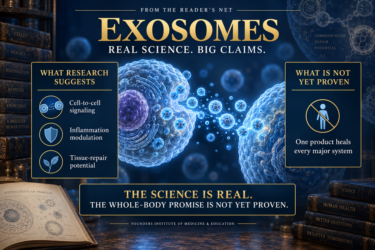 Founders Reader’s Net graphic comparing promising exosome research with the unproven claim that one product heals every major body system