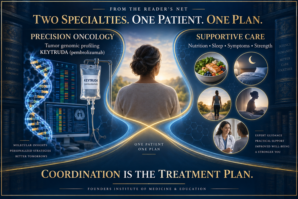 Founders Reader’s Net illustration showing precision oncology with tumor genomic profiling and Keytruda coordinated with evidence-informed supportive care around one patient